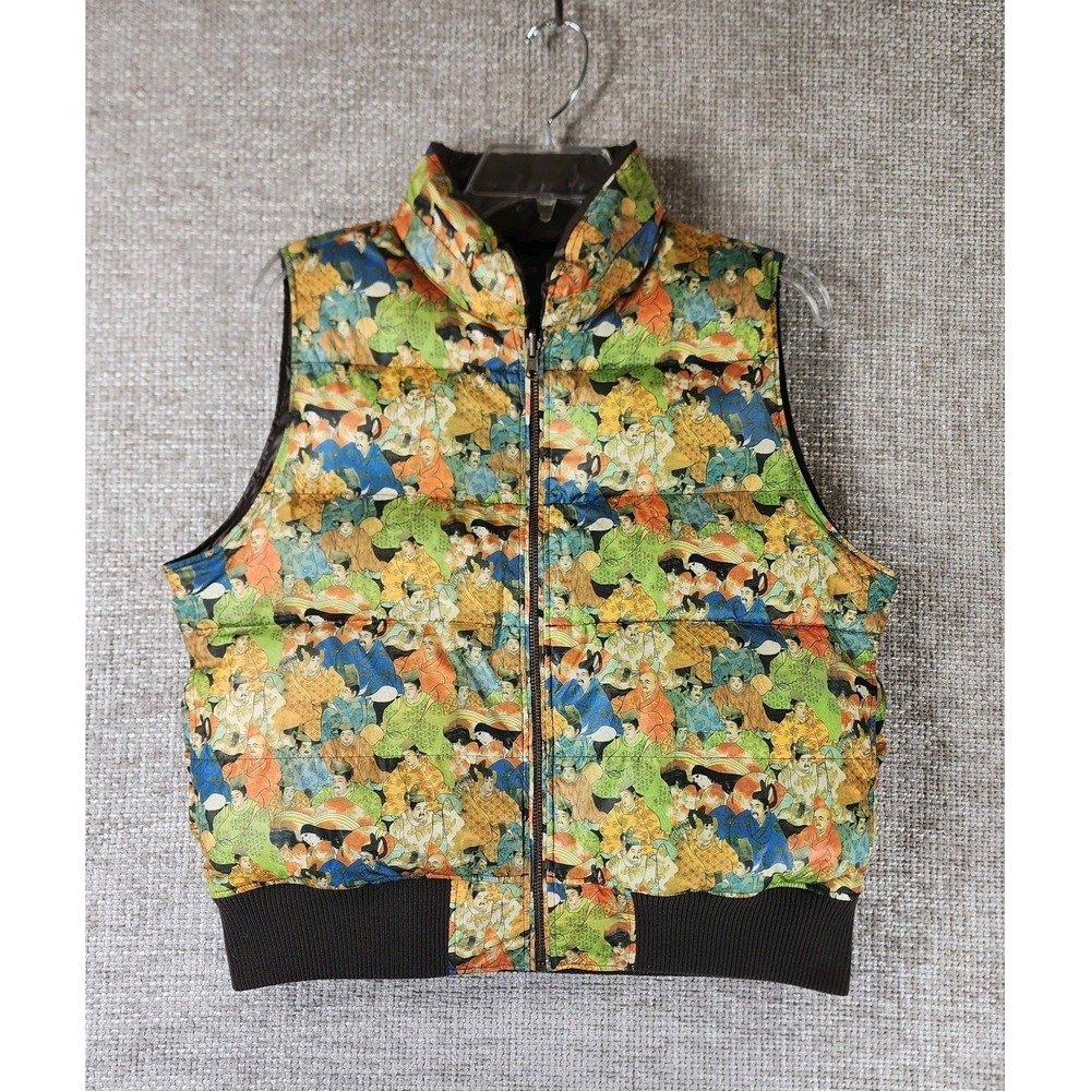 Y2K Lucky Brand Down Puffer Vest Rare Asian Theme Womens M Reversible Full Zip